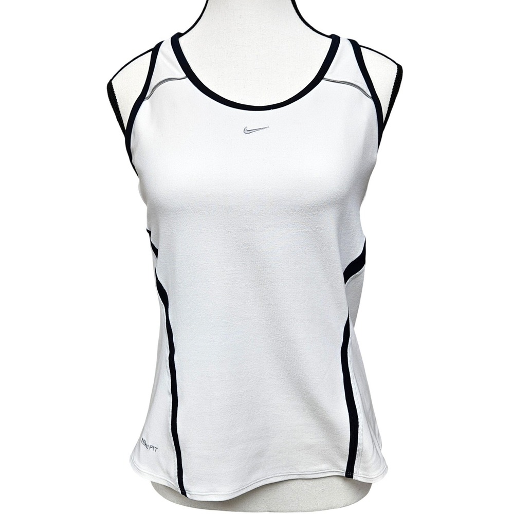 Nike Dri-FIT Racerback Tank Top Large White Black Piping Built-in Shelf Bra Gym